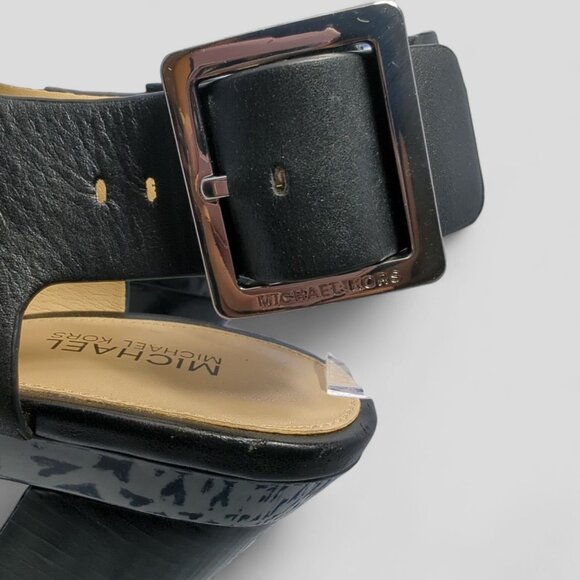 New MICHAEL KORS Carla Platform Sandal Heel Size 5.5 Black Leather Buckle NO Box - Picture 4 of 12